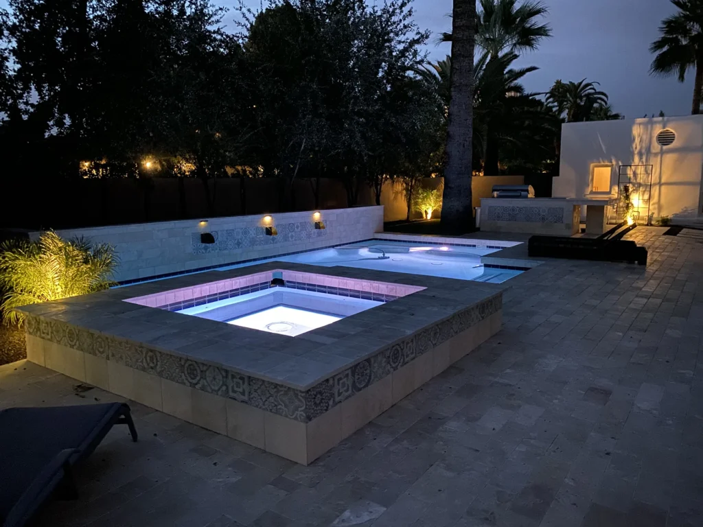 Pool at night with beautiful lighting.